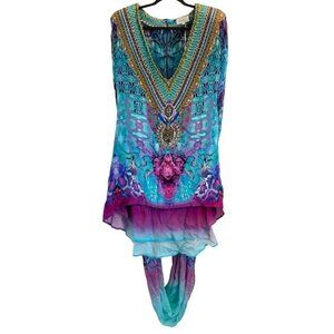 Camilla Tides of Aurora Deep V Mini Dress w/ Cape 100% Silk Ethereal Fairy